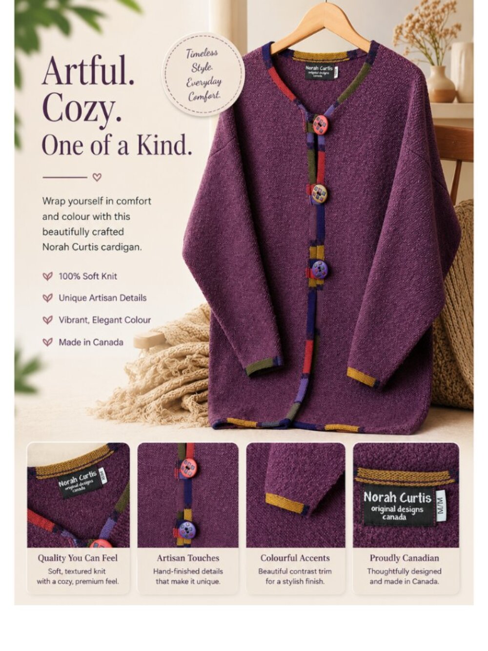 Wool Cardigan Jacket Medium Colorblock Trim Button Up Purple Knit Norah Curtis
